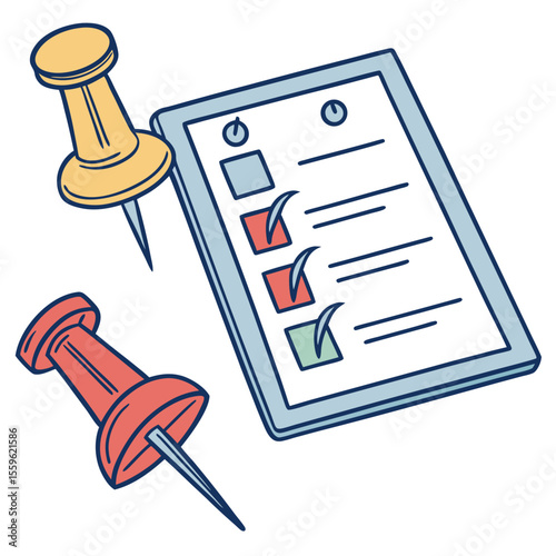 A colorful hand drawn illustration of a clipboard with a checklist and two pushpins one yellow and one red pinned to the side