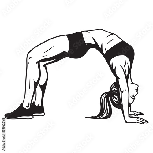 Active woman performing a bridge pose workout fitness exercise in black and white illustration