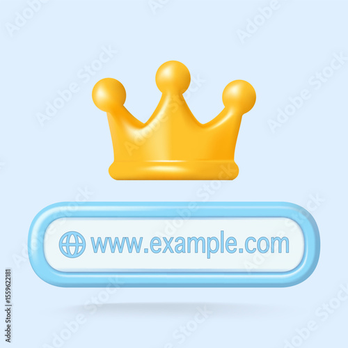 Vector illustration showing a golden crown above a web browser address bar with a sample domain, symbolizing internet authority.
