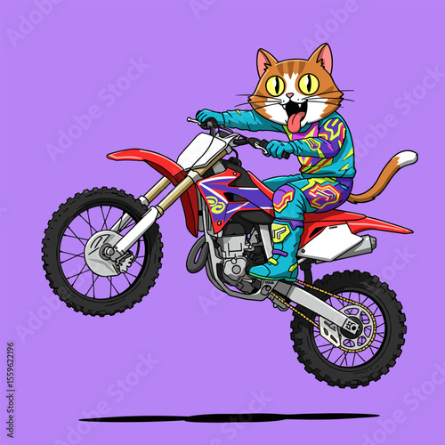 A playful cartoon cat wearing a motocross outfit performs a mid-air jump on a colorful dirt bike, set against a solid purple background.