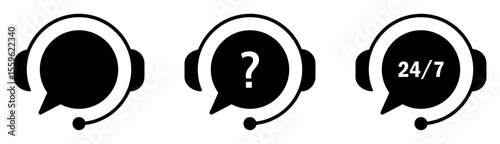 Vector icons of customer support headsets with chat bubbles. Includes plain, question mark, and 24/7 text variations. Perfect for contact, help, and service concepts.