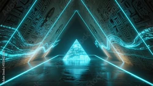 Neon-lit futuristic corridor with a glowing pyramid at the end, surrounded by intricate wall patterns.