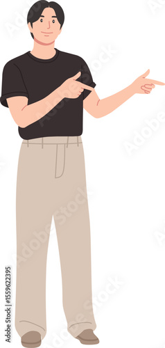 young man pointing at something with both hands, wearing casual clothes