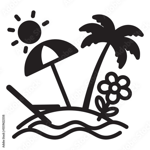 Black and white beach vacation scene illustrating palm trees sun umbrella and lounge chair
