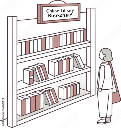 A person stands in front of a white bookshelf filled with books browsing an online library collection displayed on a digital screen