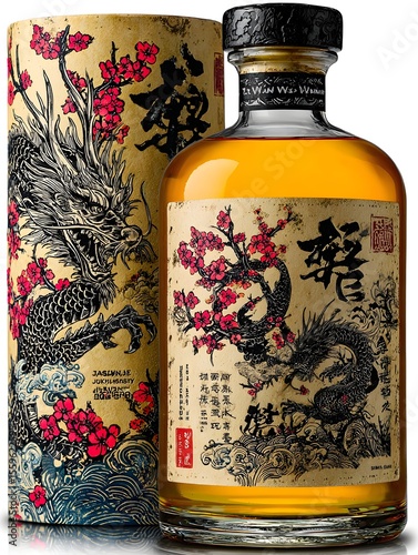 A beautifully decorated bottle of Japanese whiskey stands next to matching box on white background surface.