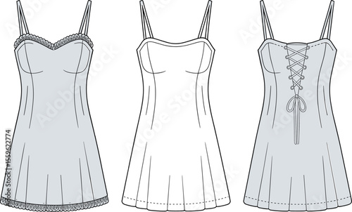 Women's lace trim lingerie slip dress, technical fashion sketch with front and back view, nightwear design, romantic sleepwear illustration

 flat vector illustration