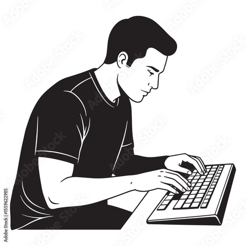 Black and white illustration of a man focused on typing on a computer keyboard