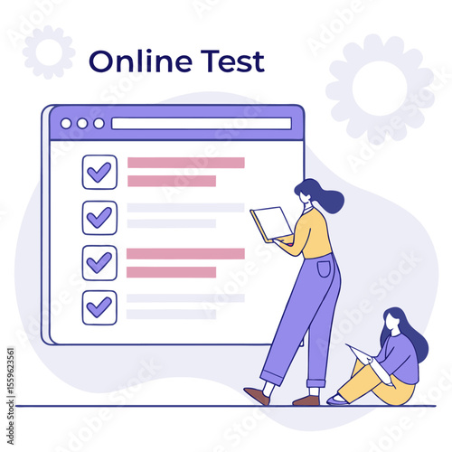 Two women are participating in an online test or quiz on a computer screen completing questions and tasks with checkmarks indicating progress and success