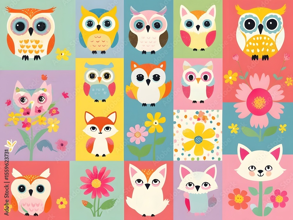 Fototapeta premium A whimsical collage featuring various owls, foxes, and flowers in bright, cheerful colors