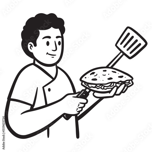 Cartoon chef presenting a delicious burger holding a spatula in simple black and white illustration