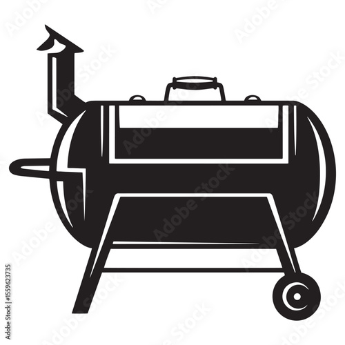 Black and white vector illustration of a smoker grill for outdoor cooking and barbecue