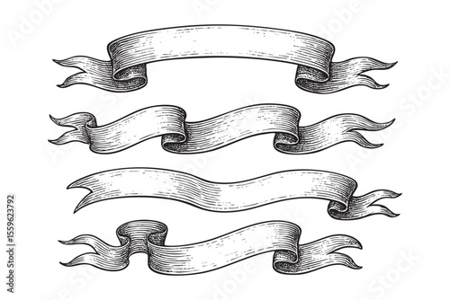 Vintage Scroll Ribbons banner Vector Engraving Set
