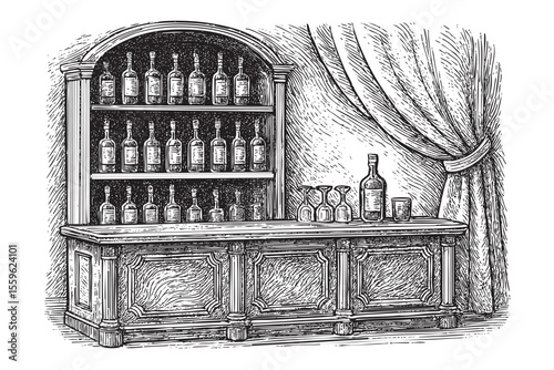 Vintage Bar Counter with Drinks Vector Engraving Illustration

