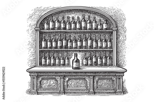 Vintage Bar Counter with Drinks Vector Engraving Illustration

