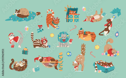 Cartoon cats in holiday mischief adorned in costumes and tangling with decorations on a teal background