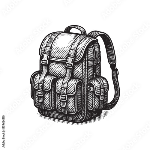 Military Tactical Backpack Vector Engraving Illustration

