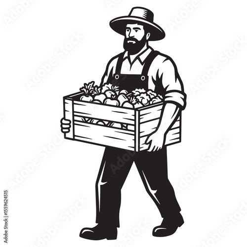 Farmer carrying a wooden crate full of harvested fresh vegetables in black and white