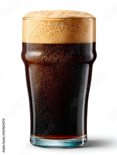 A pint of dark stout beer with a frothy head sits against a crisp white background ready to be enjoyed.