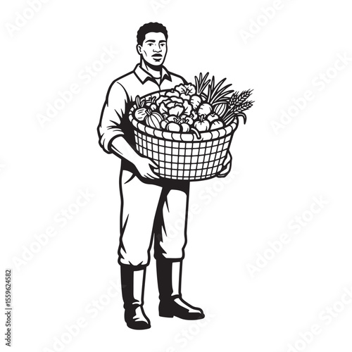 Farmer holding basket of harvested vegetables in black and white illustration