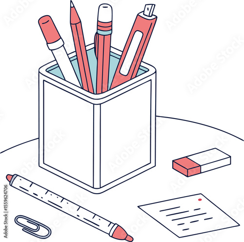 A simple isometric illustration of a desk organizer filled with pens and pencils alongside an eraser paperclip and a small note with a red dot