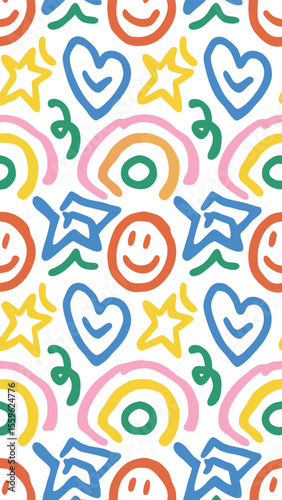 Joyful Doodle Pattern: A vibrant and playful seamless pattern overflowing with the cheerful vibes of hearts, stars, rainbows, and smiley faces, offering endless creative possibilities.