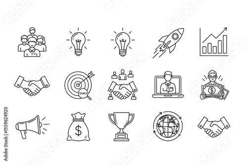 Business Success Outline Icons Set Teamwork Growth and Achievemen