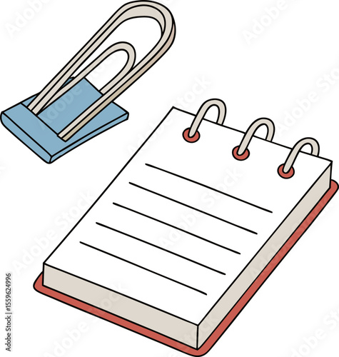 A simple illustration of a blue paper clip attached to a small spiral bound notebook with lined pages on a white background