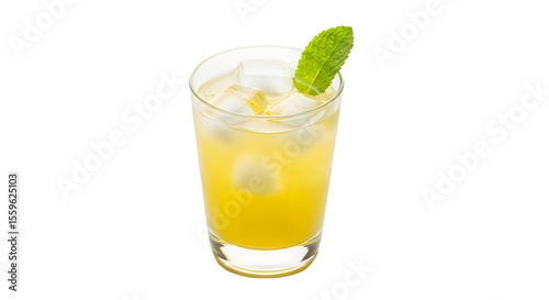Wallpaper Mural A glass filled with yellow liquid, ice, and a mint garnish on transparent background Torontodigital.ca