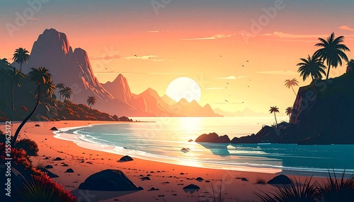 Tropical Sunset Beach Landscape - Vibrant color palettes