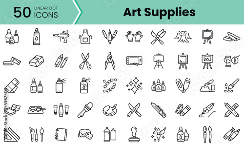 A diverse collection of linear icons representing various art supplies, including paint tubes, brushes, palette, and tools, symbolizing creativity and artistic expression.