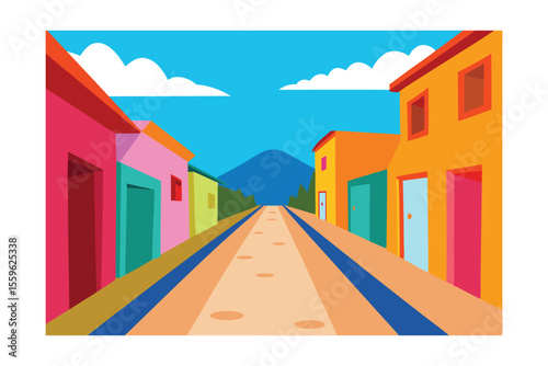 Vibrant Village Street Colorful Houses and Mountain View Illustration