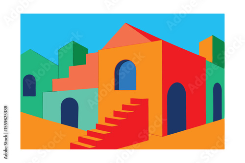 Vibrant Colorful Cubist Architectural Illustration A Modern Cityscape