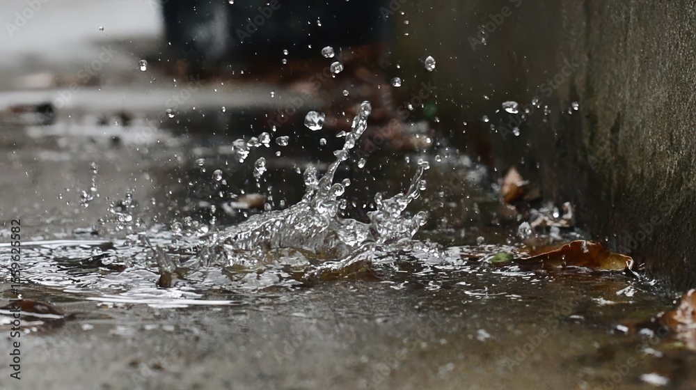 Fototapeta premium Water splash in a puddle on a gray concrete surface.