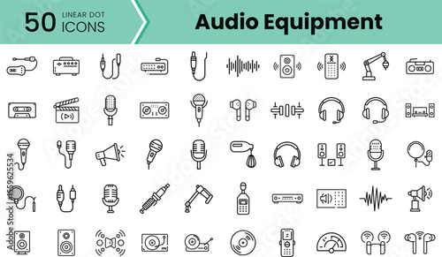 Variety of linear audio equipment icons including microphones, headphones, speakers, and mixers, showcasing a modern and minimalist design for digital use.