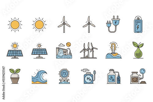 Renewable Energy Sources Icons Illustration for Sustainable Solutions