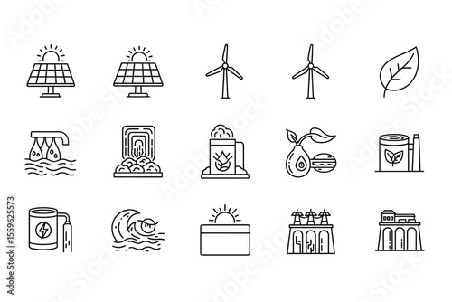 Renewable Energy Icons Collection Sustainable Power Line Art