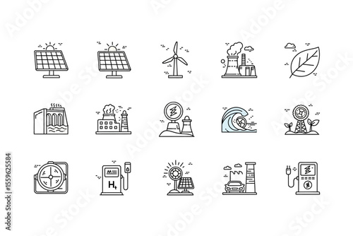 Diverse Energy Source Icons Clean Line Art Collection