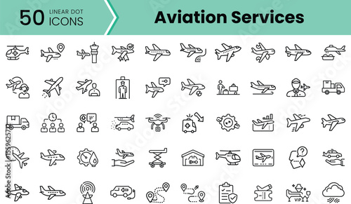 A collection of 50 linear dot icons representing various aviation services, including aircraft, airport staff, drones, and logistics in a minimalist style.