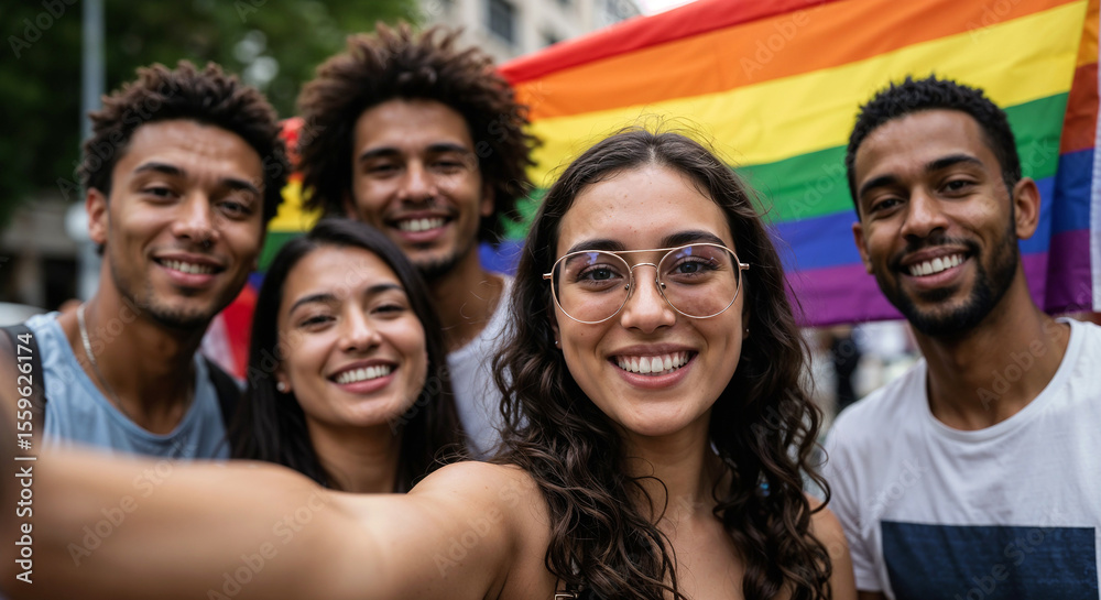 Obraz premium Selfie portrait of a group of lgbt mixed friends celebrating the gay pride parade with the rainbow flag.