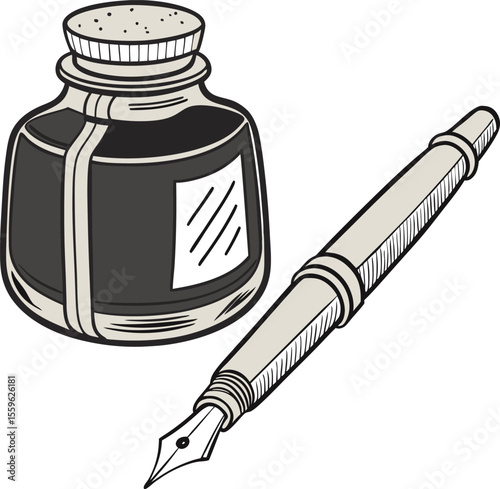 A vintage inkwell filled with dark ink and a classic fountain pen with a silver nib resting beside it on a white background