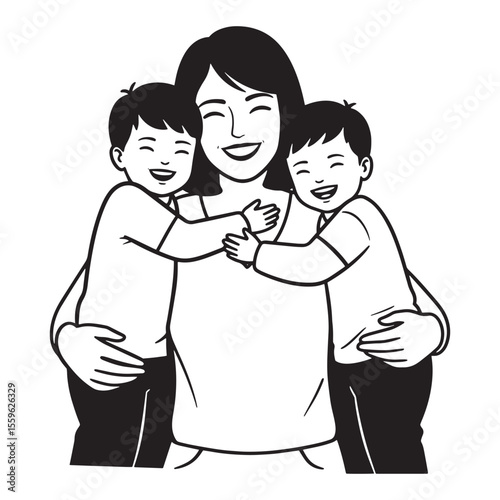 Mother and two children smiling joyfully and embracing in a black and white illustration
