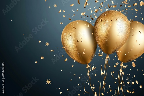 Festive background with golden sphere balloon and decorative confetti, vector greeting card layout