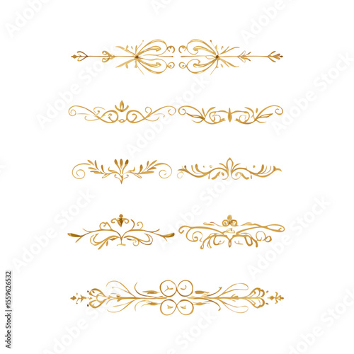 Gold text dividers doodle set. Wedding decorative elements. Divider ornament, borders, floral, vintage line separators. Hand drawn vector illustration isolated on white background. Set page dividers.
