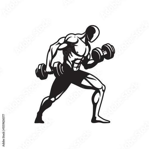 Muscular bodybuilder lifting dumbbells performing strength training exercise in black and white