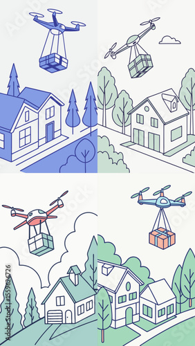 4 modern vector illustrations showcasing innovative drone delivery services, featuring urban logistics, flying drones, parcels, and futuristic technology