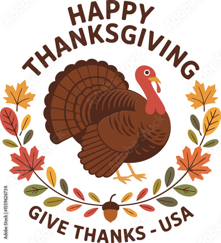 Colorful badge design with turkey and stars for give thanks usa theme perfect for autumn event branding