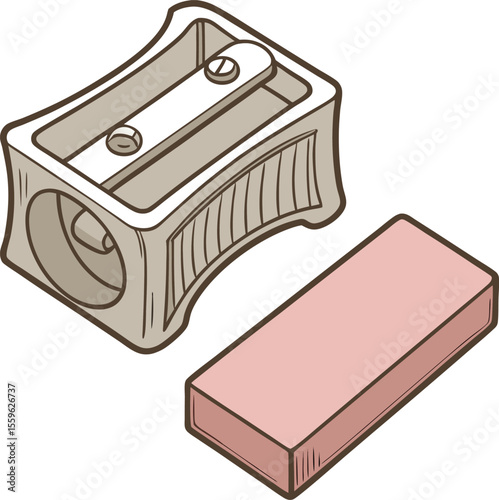 A simple illustration of a manual pencil sharpener and a pink eraser isolated on a white background perfect for school or art supplies
