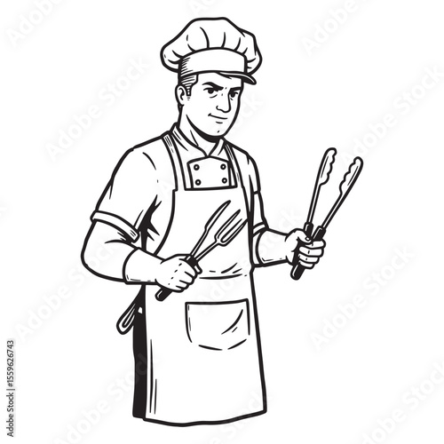 Professional chef holding cooking utensils black and white illustration ready for service