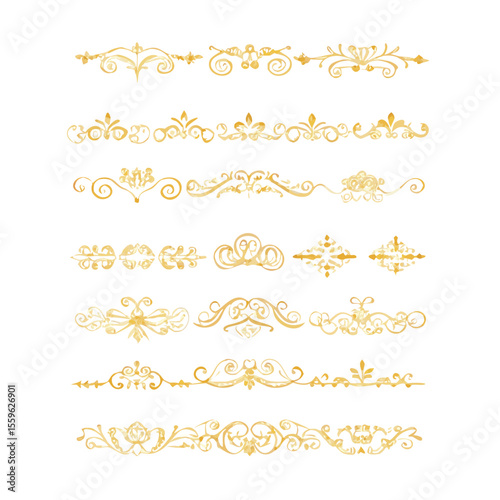 Gold text dividers doodle set. Wedding decorative elements. Divider ornament, borders, floral, vintage line separators. Hand drawn vector illustration isolated on white background. Set page dividers.
